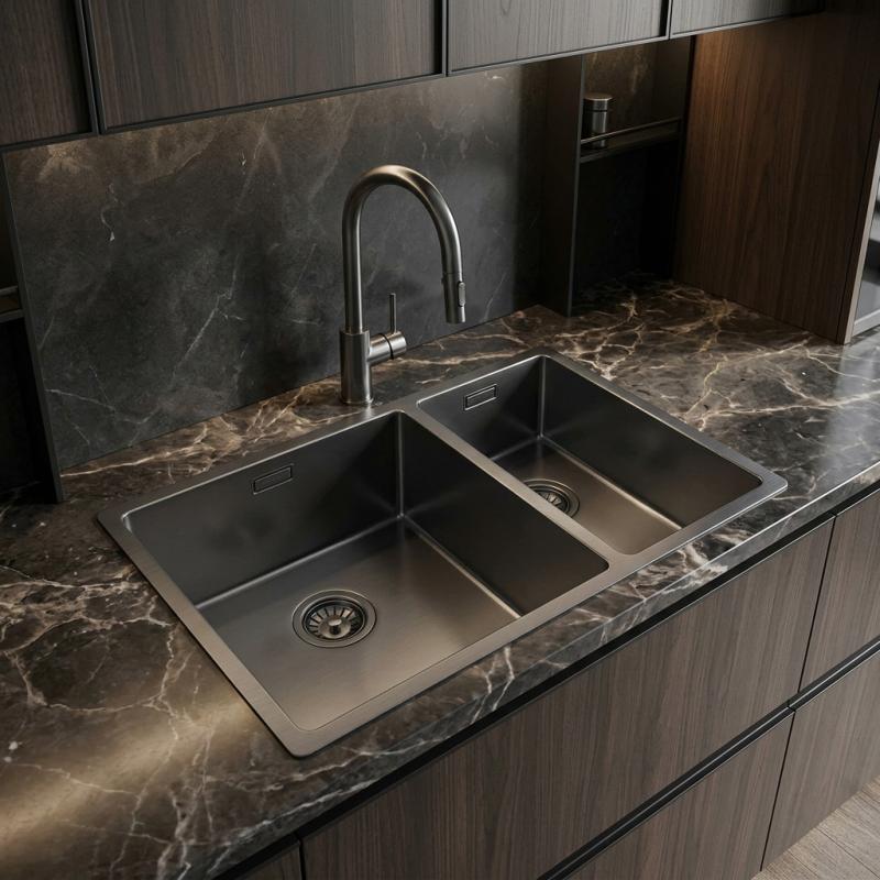 Pure.Sink Exclusivo Gun Metal 1,5 anderhalve spoelbak 34+18 cm 10mm radius PEX341840-61